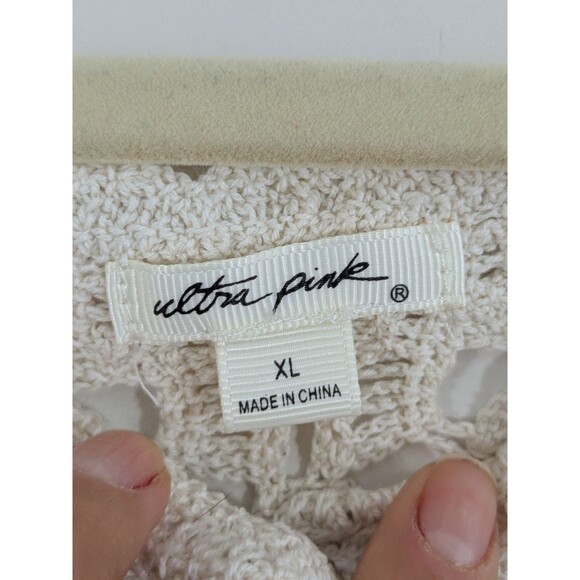 Ultra Pink Women Long Sleeve Top Crochet Open Knit Cardigan Romantic Boho Sz XL - Picture 3 of 10